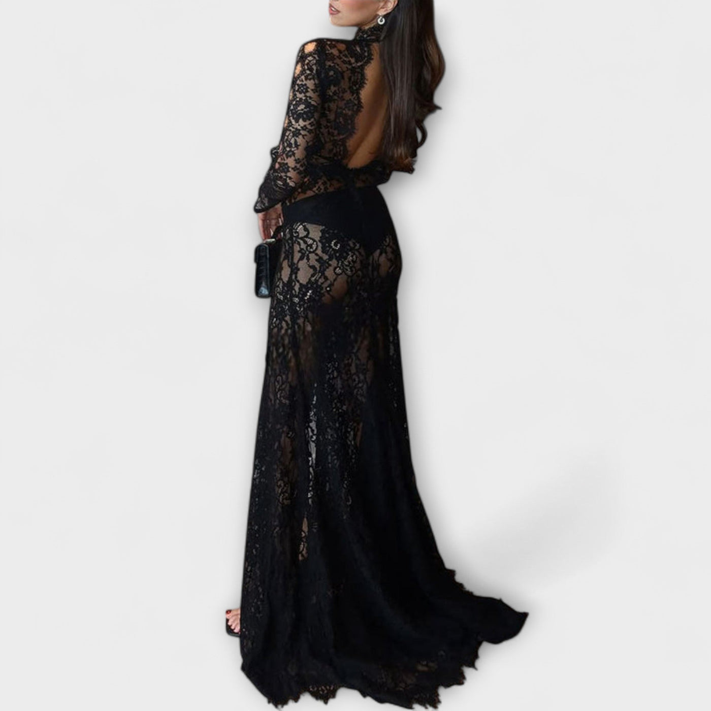 Azalee - Midnight Elegance Transparent Cutout Langærmet Stretch Maxikjole