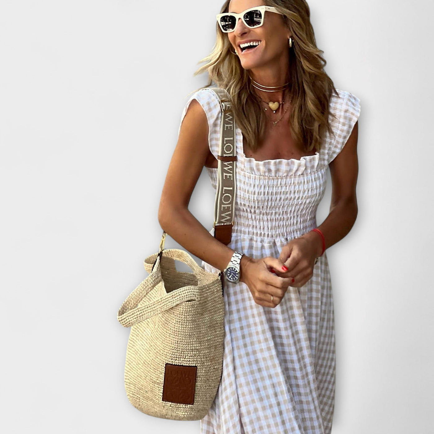 Rutet Maxikjole med Flæseærmer