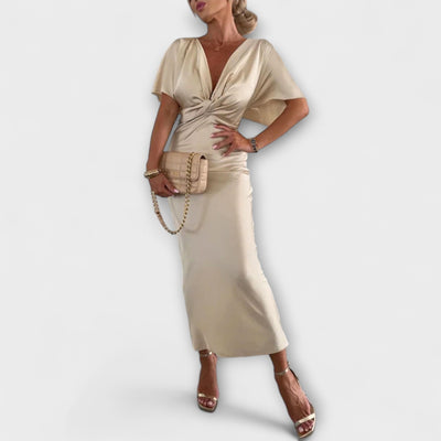 Sable - Solid Satin V-Udskæring Krydsknude Slim Fit Maxi Kjole