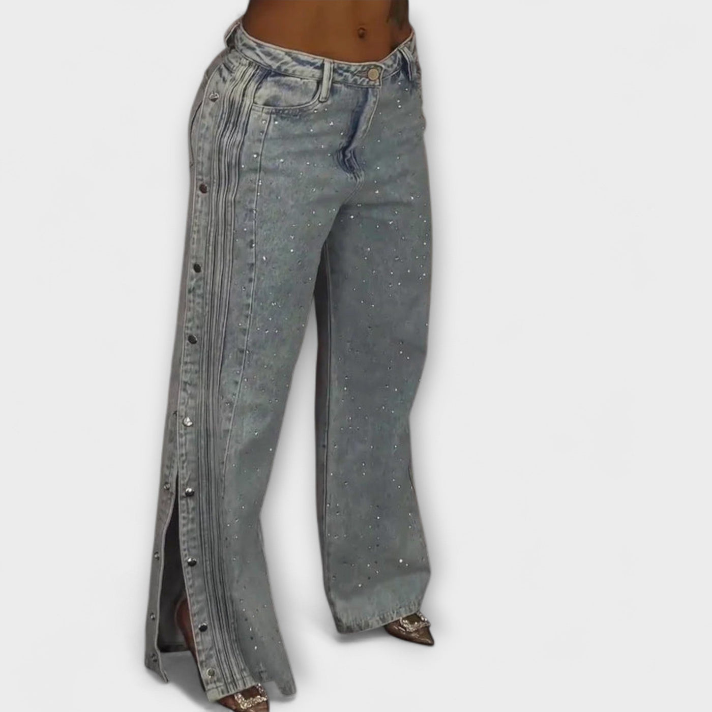 Nola - Mine strass-belagte højtaljede jeans med sidelommer