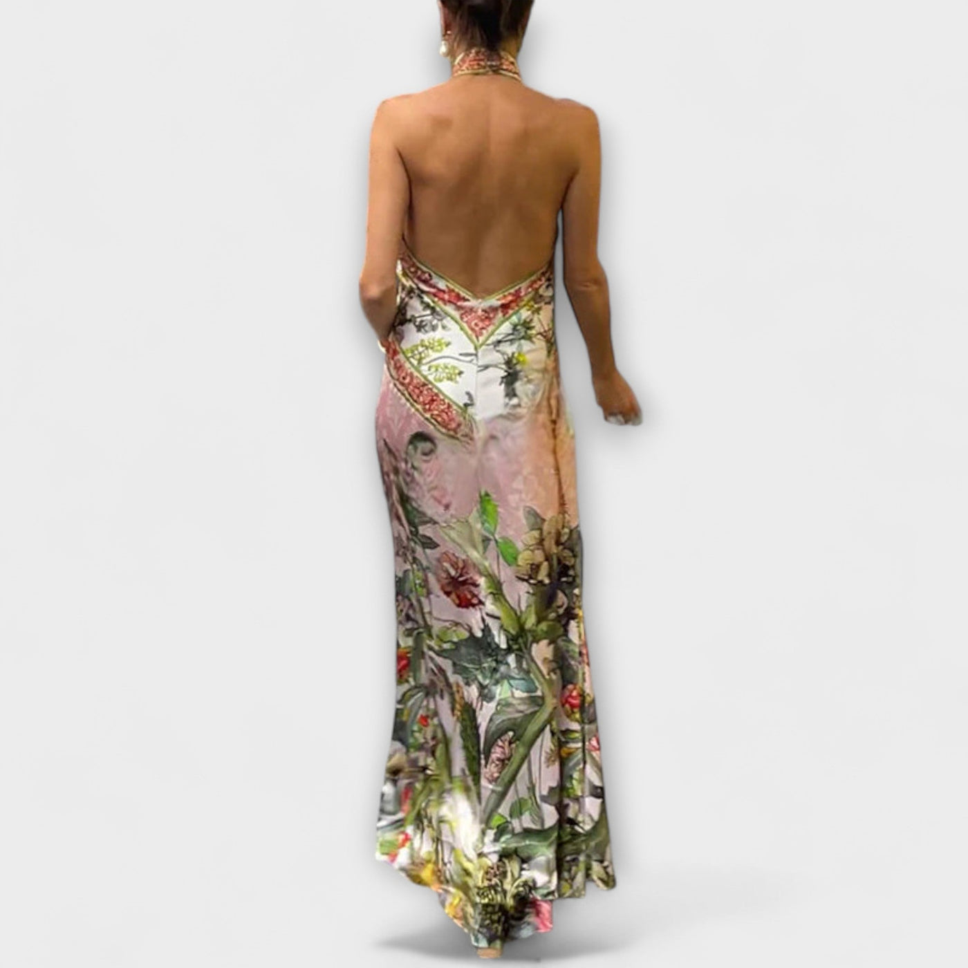 Ayla - Blomsterprint Uden Ærmer Åben Ryg Maxikjole