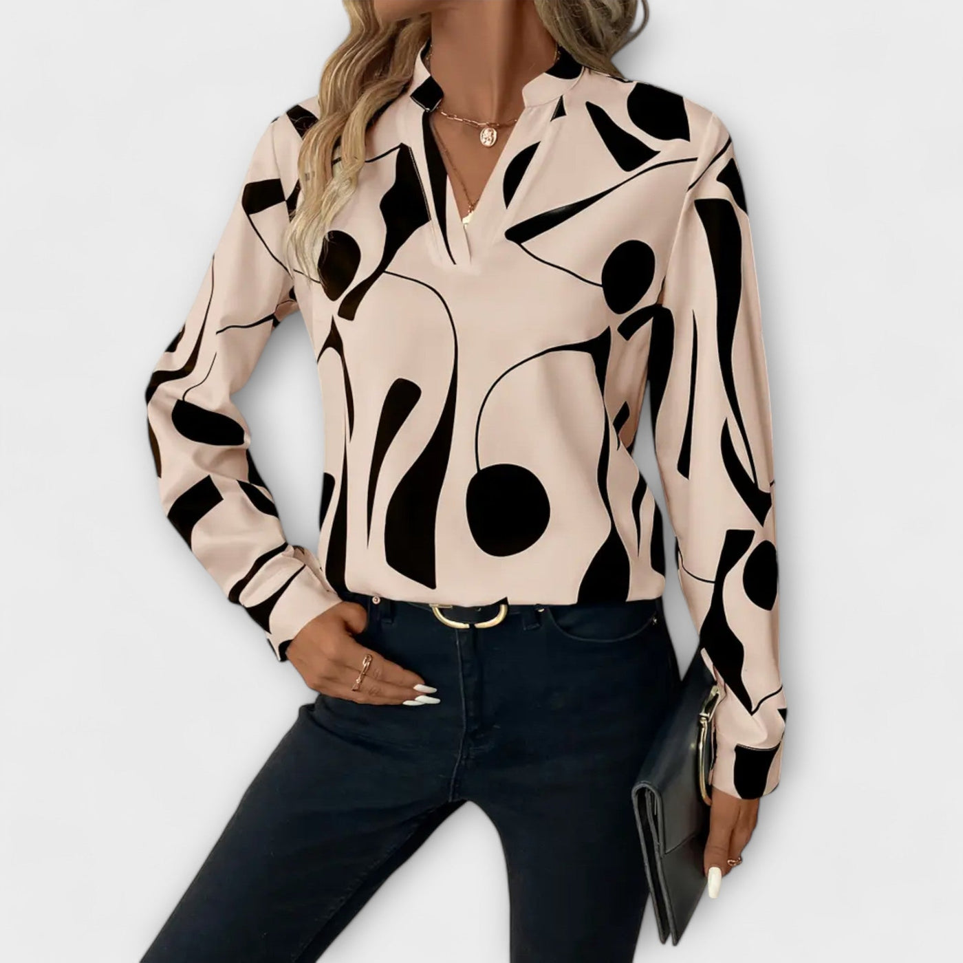 Elegant langærmet bluse med spids udskæring