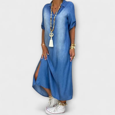 Lea - Lang Denim-Look Kjole med Sideslids