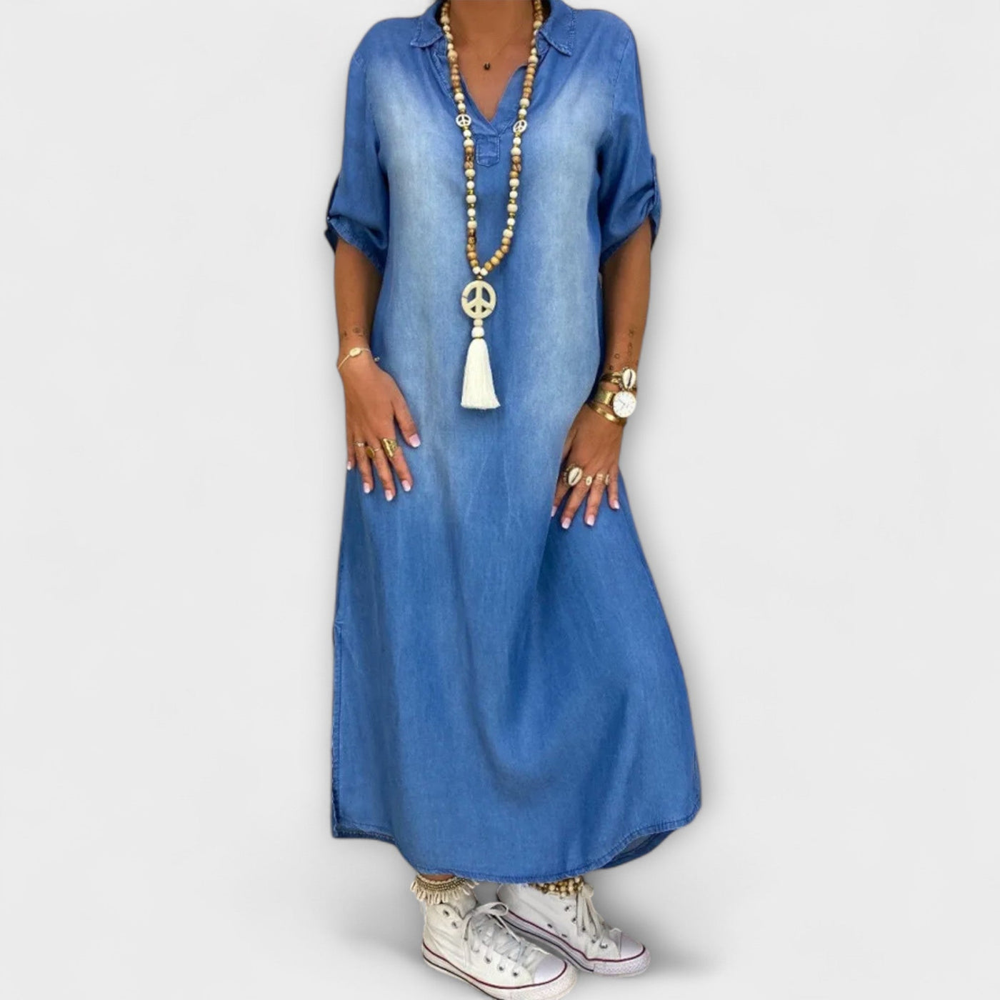 Lea - Lang Denim-Look Kjole med Sideslids