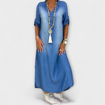 Lea - Lang Denim-Look Kjole med Sideslids