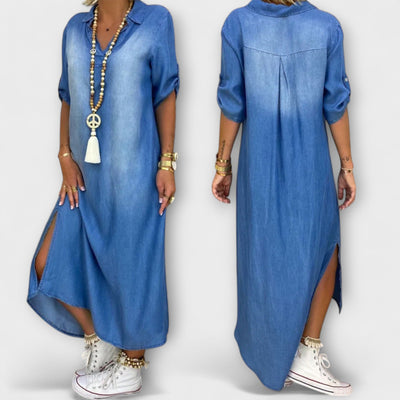 Lea - Lang Denim-Look Kjole med Sideslids