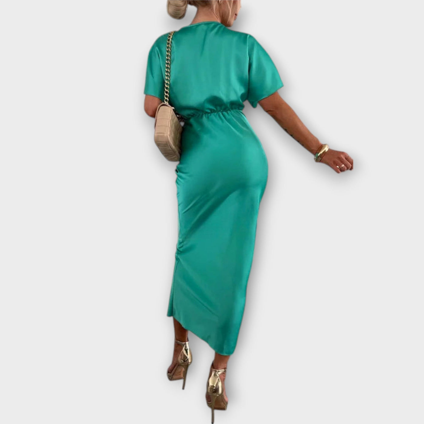 Sable - Solid Satin V-Udskæring Krydsknude Slim Fit Maxi Kjole