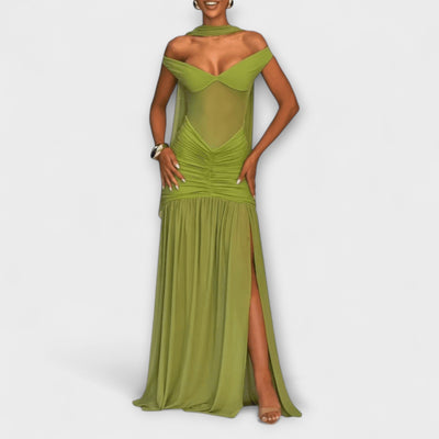 Nicole - Olivfarvet V-udskæring Maxikjole