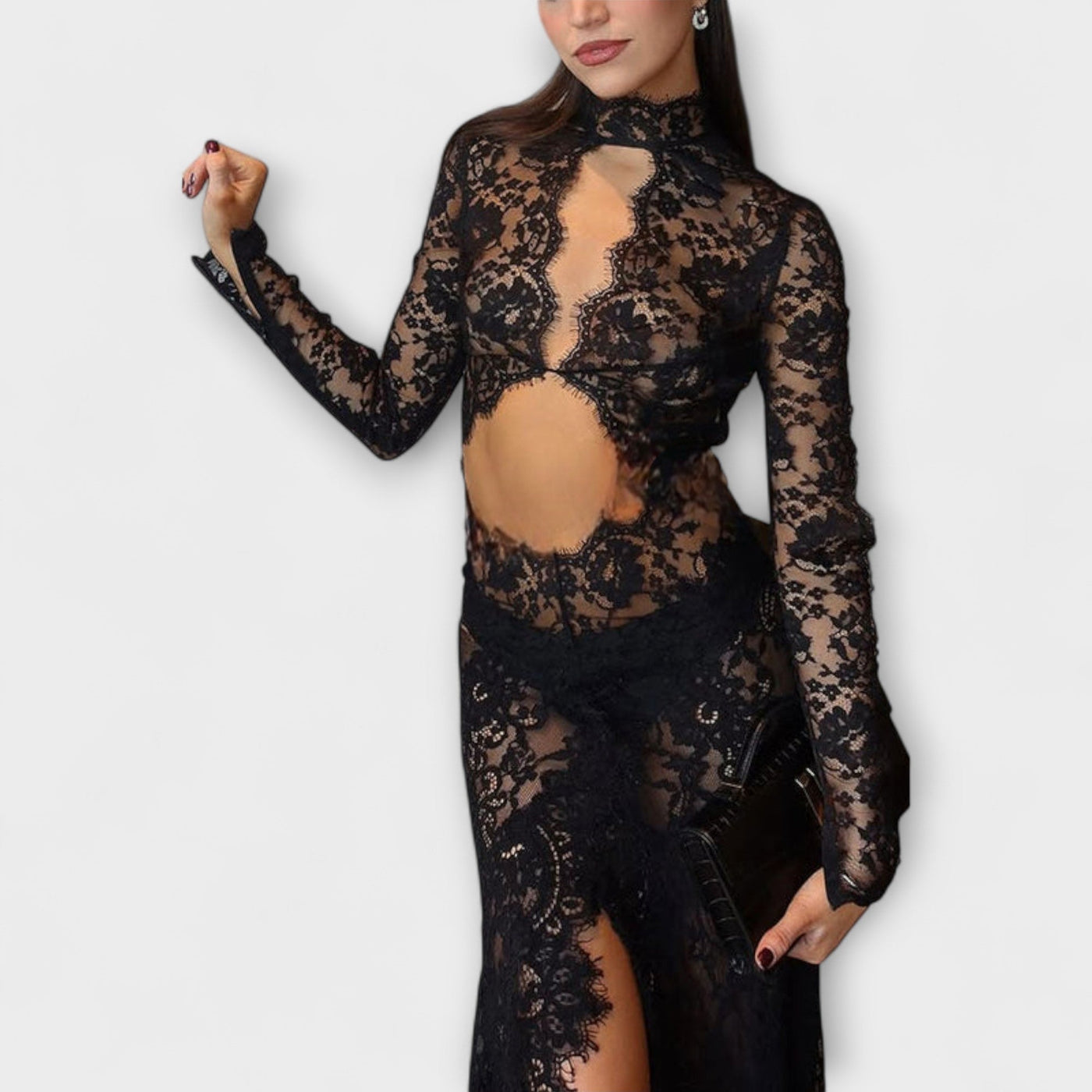 Azalee - Midnight Elegance Transparent Cutout Langærmet Stretch Maxikjole