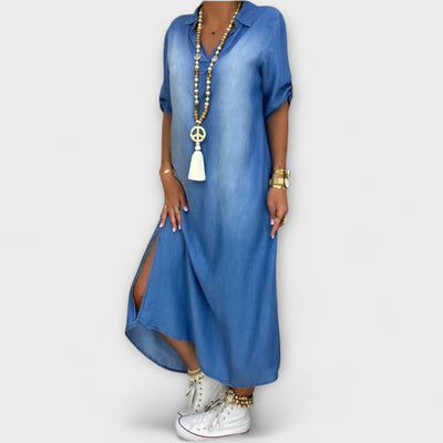 Lea - Lang Denim-Look Kjole med Sideslids