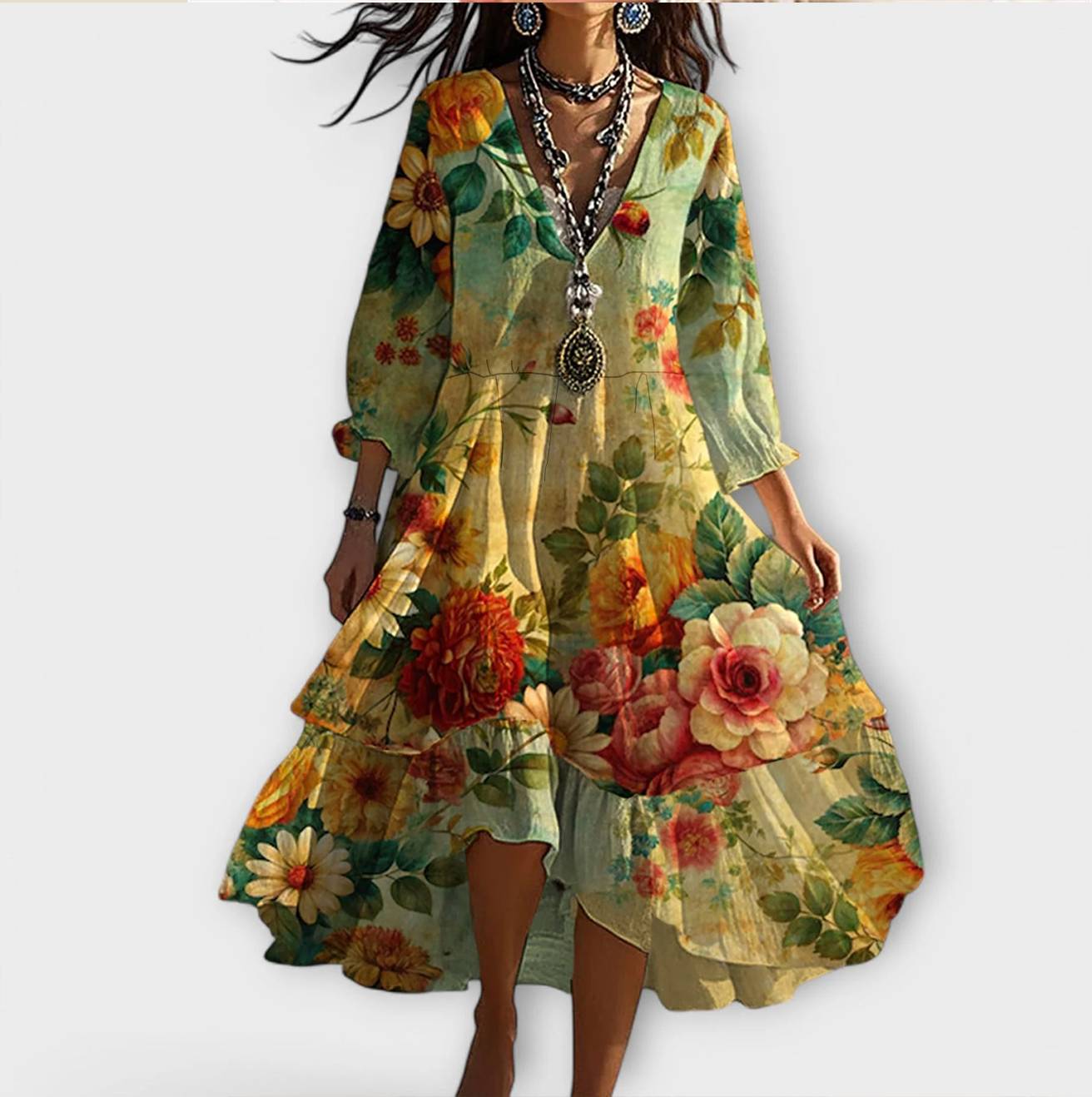 Marina - Vintage Boho Blomsterprint V-Udskæring Kjole