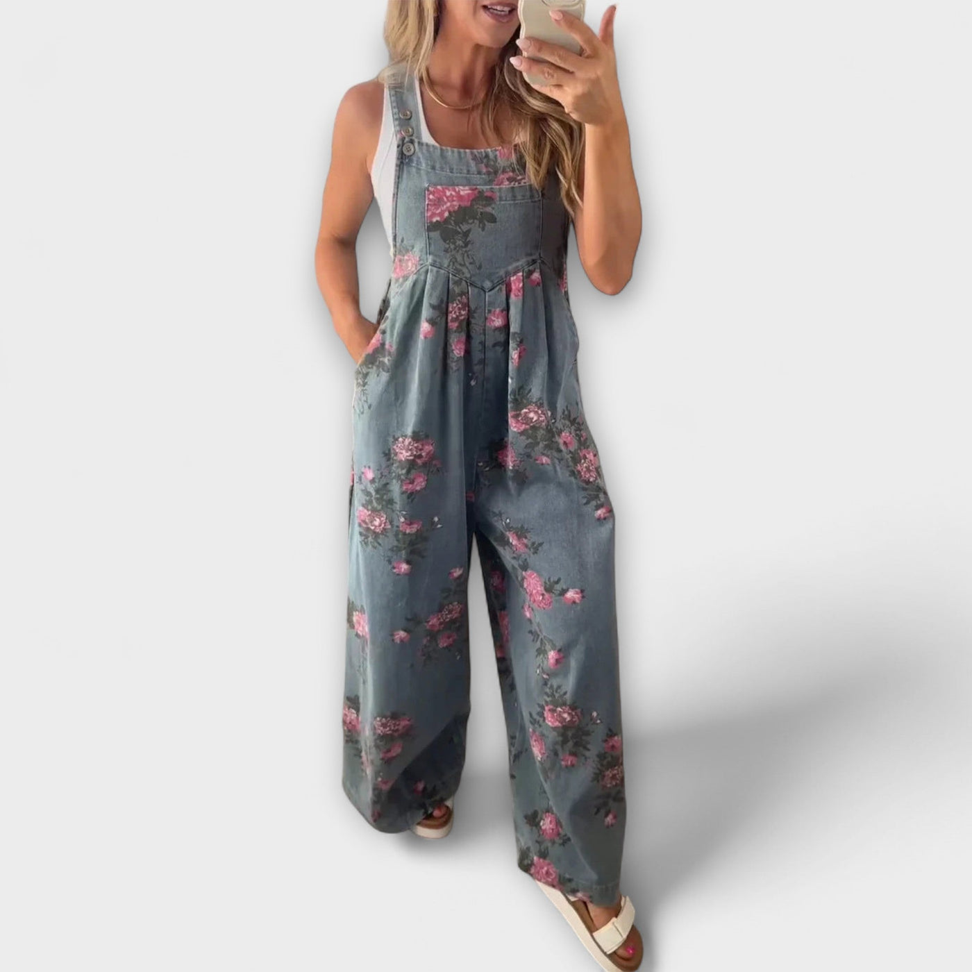 Bethany - Blomsterprint Bred Denim Jumpsuit