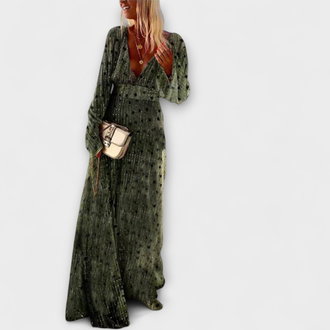 Elegant langt kjole med polkaprikket print