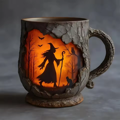 Håndlavet 3D Halloween Krus – Troldkvinde & Kat Design