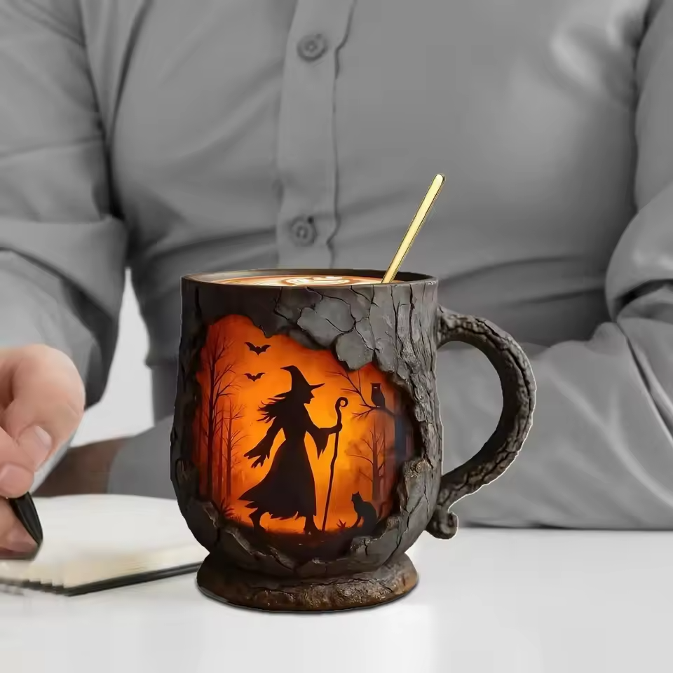 Håndlavet 3D Halloween Krus – Troldkvinde & Kat Design