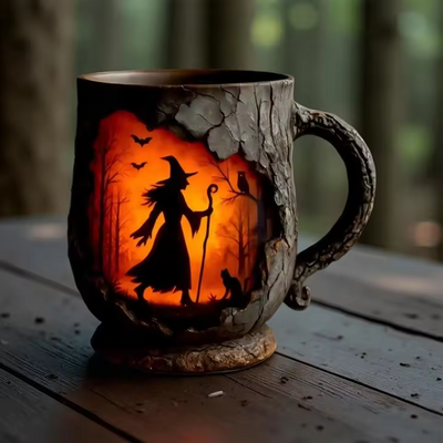 Håndlavet 3D Halloween Krus – Troldkvinde & Kat Design