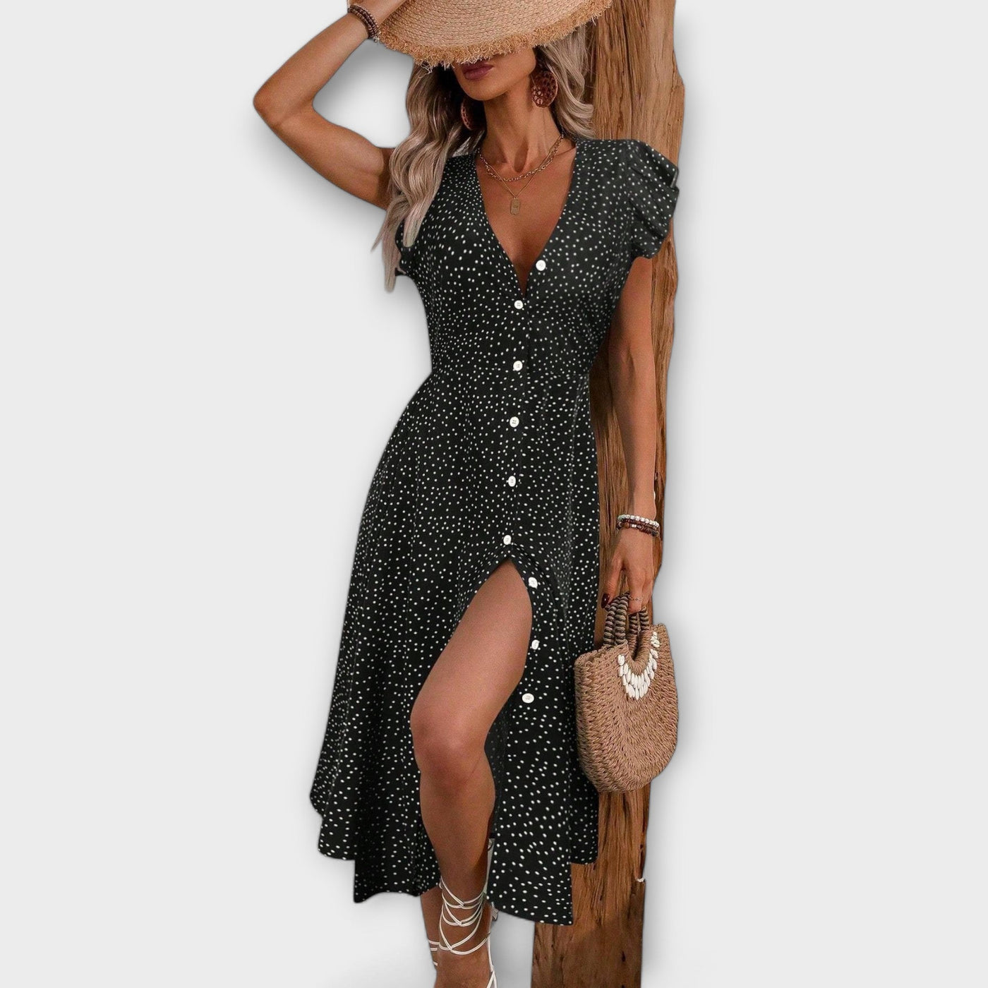 Elegant Polka-Dot Midi-Kjole