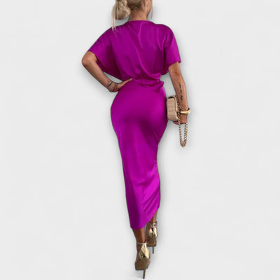 Sable - Solid Satin V-Udskæring Krydsknude Slim Fit Maxi Kjole