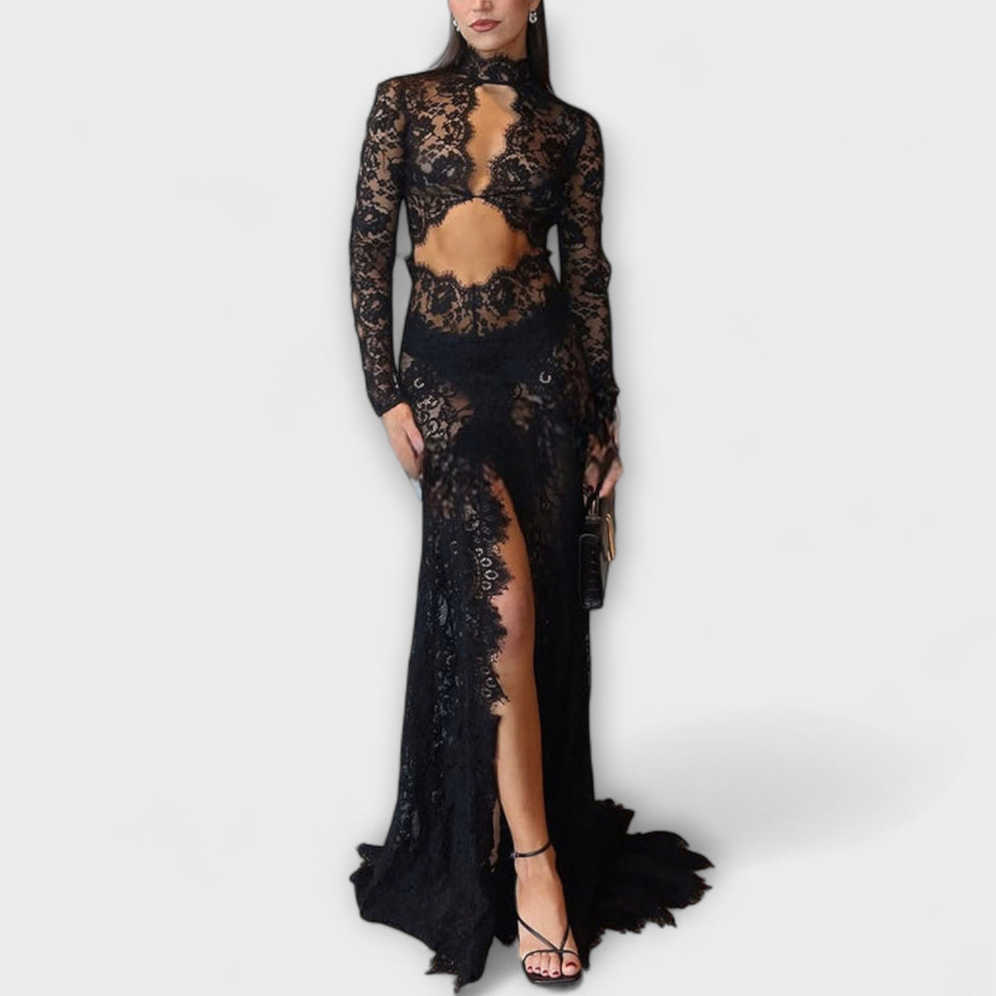 Azalee - Midnight Elegance Transparent Cutout Langærmet Stretch Maxikjole