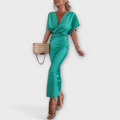 Sable - Solid Satin V-Udskæring Krydsknude Slim Fit Maxi Kjole